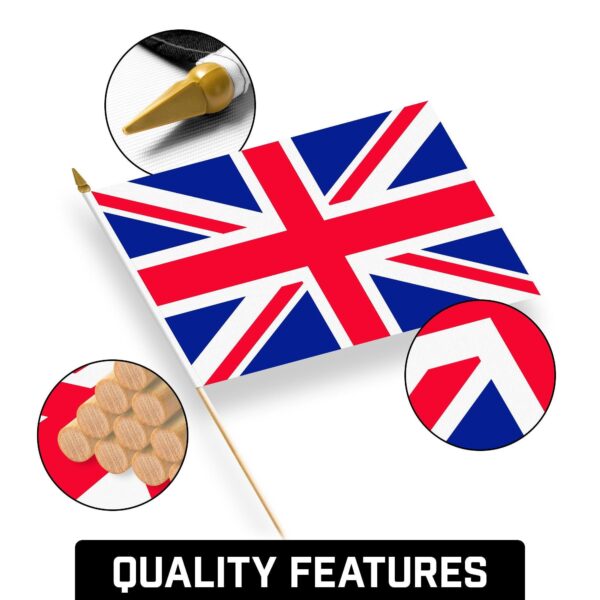 G128 50 Pack Handheld United Kingdom UK Stick Flags | 12x18 In | Printed 150D Polyester, Country Flag, Solid Wooden Stick, Spear Gold Tip - Image 8