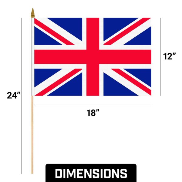 G128 50 Pack Handheld United Kingdom UK Stick Flags | 12x18 In | Printed 150D Polyester, Country Flag, Solid Wooden Stick, Spear Gold Tip - Image 9