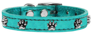Metallic Paw Leather Dog Collar Turquoise Mtl 18