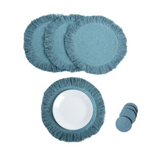 The Fine Living Co. Braided Cotton Placemats (Set of 4 15 Inches) with 4 Free Coasters Washable Anti Slip Heat Resistant Mats Boho Woven Round Table Mats for House Decor Kitchen and Dining