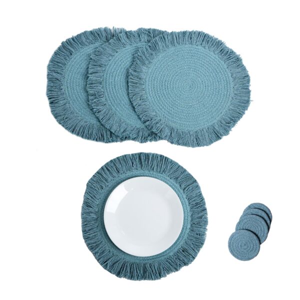 The Fine Living Co. Braided Cotton Placemats (Set of 4 15 Inches) with 4 Free Coasters Washable Anti Slip Heat Resistant Mats Boho Woven Round Table Mats for House Decor Kitchen and Dining