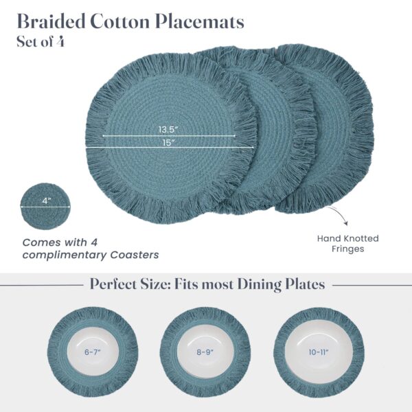 The Fine Living Co. Braided Cotton Placemats (Set of 4 15 Inches) with 4 Free Coasters Washable Anti Slip Heat Resistant Mats Boho Woven Round Table Mats for House Decor Kitchen and Dining - Image 2