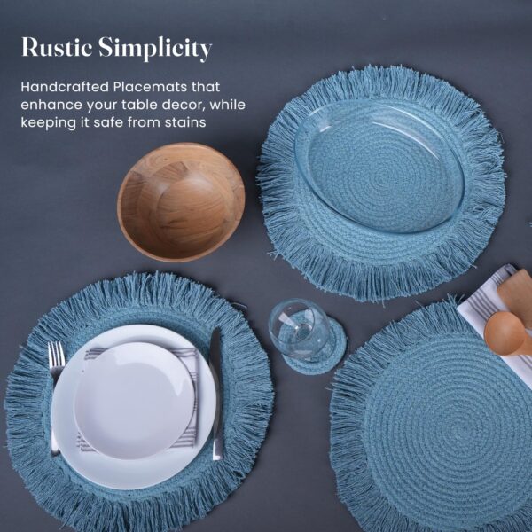 The Fine Living Co. Braided Cotton Placemats (Set of 4 15 Inches) with 4 Free Coasters Washable Anti Slip Heat Resistant Mats Boho Woven Round Table Mats for House Decor Kitchen and Dining - Image 3