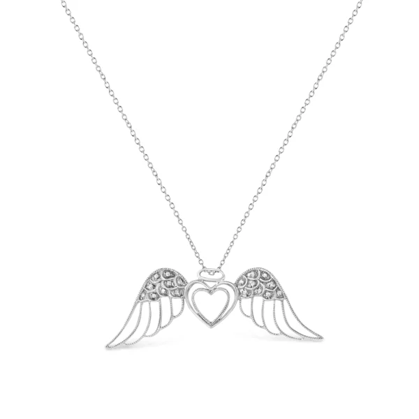 .925 Sterling Silver Pave-Set Diamond Accent Angel Wing 18" Double Heart Pendant Necklace (I-J Color, I1-I2 Clarity) - Image 2