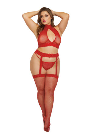 Bralette, Garterhose, and G-String - Size - Rouge