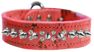 Double Clear Crystal And Silver Spike Dragon Skin Genuine Leather Dog Collar Red Size 20