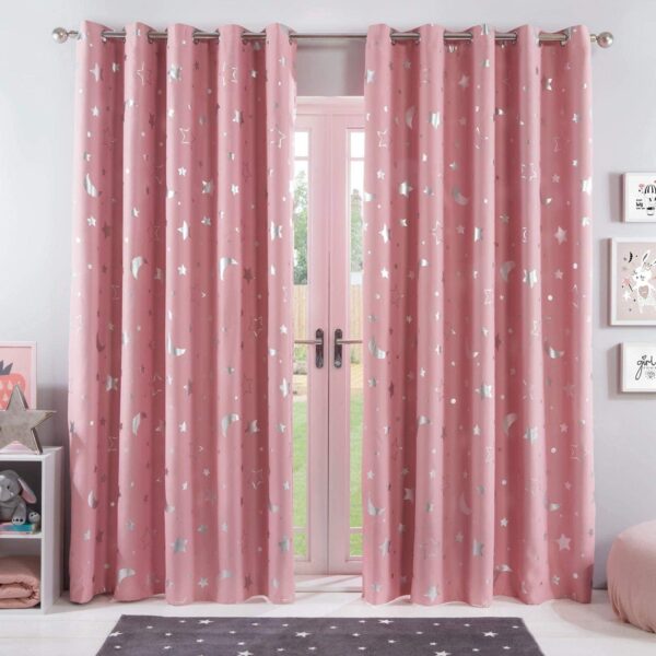 Galaxy Moon Stars Blackout Curtains Pair of Grommet Top Panels Room Darkening Curtains for Nursery Bedroom Kids Printed Silver Metallic Stars Moon   Blush Pink Width 52  x Drop 84 - Image 2