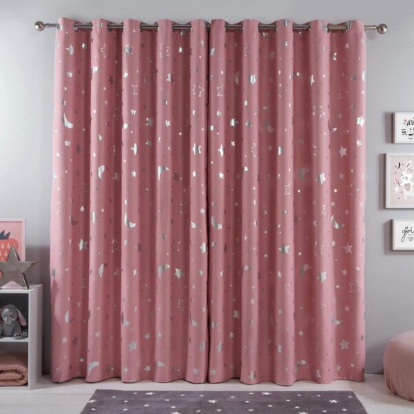 Galaxy Moon Stars Blackout Curtains Pair of Grommet Top Panels Room Darkening Curtains for Nursery Bedroom Kids Printed Silver Metallic Stars Moon   Blush Pink Width 52  x Drop 84 - Image 4
