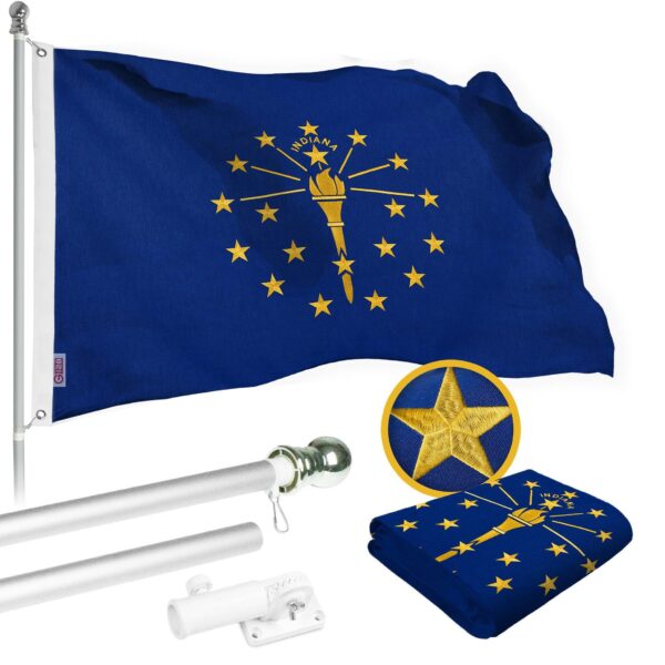 G128 Combo Pack: 5 Ft Tangle Free Spinning Flagpole (Silver) & Indiana Flag 2.5x4 Ft Embroidered 220GSM Spun Polyester, Brass Grommets (Flag Included) Aluminum Flag Pole
