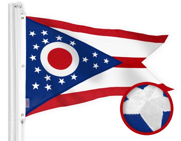 G128 Ohio OH State Flag | 5x8 Ft | StormFlyer Series Embroidered 220GSM Spun Polyester | Embroidered Design, Indoor/Outdoor, Brass Grommets, Heavy Duty, All Weather