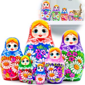AEVVV Matryoshka Dolls Set of 7 pcs   Russian Dolls in Rainbow Sarafan Dress with Meadow Flowers