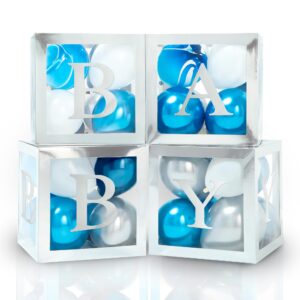 Baby Boxes with Letters for Baby Shower   Baby Shower Box Set of 44 pcs, 32 Silver Blue Balloons, 4 Clear Blocks, 8 Letters   Gender Reveal Decorations, Party Backdrop for Boys & Girls Birthday