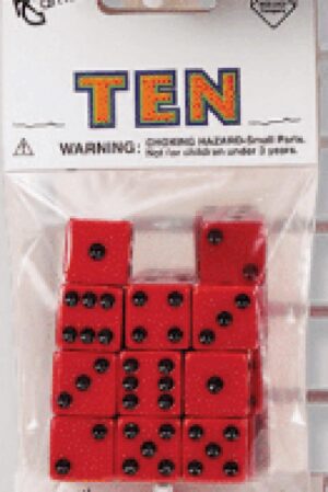 Set of 10 Six Sided Square Opaque 16mm D6 Dice  Red with Black Pip Die by
