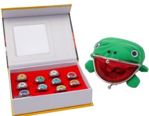 Naruto Akatsuki Rings 10pcs Set With Green Frog Wallet and Chain Cosplay Itachi Sharingan Box Hidden Leaf Village Anime