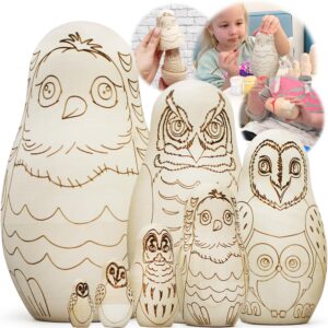 AEVVV Owl Craft Blank Russian Nesting Dolls Set 7 pcs   Unfinished Wood Crafts Paint Your Own Matryoshka Owl Figurines   Blank Owl Nesting Dolls Unpainted