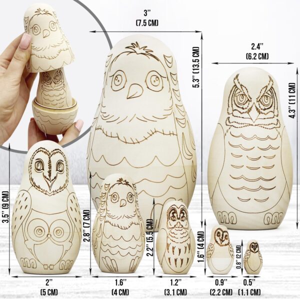 AEVVV Owl Craft Blank Russian Nesting Dolls Set 7 pcs   Unfinished Wood Crafts Paint Your Own Matryoshka Owl Figurines   Blank Owl Nesting Dolls Unpainted - Image 2