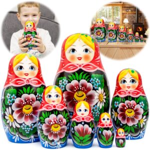 AEVVV Russian Nesting Dolls Set 7 pcs   Russian Nesting Babushka Dolls with Flowers   Handmade Matryoshka Doll with Rose Flowers Home Decor   Munecas Rusas