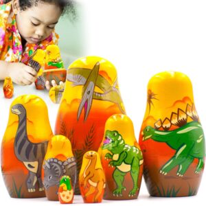 AEVVV Dinosaur Nesting Dolls Set of 7 pcs   Nesting Dolls Dinosaur   Handmade Dinosaur Gifts   Dinosaur Decor Room   Wooden Dinosaur