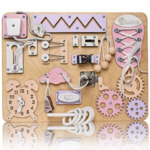 Busy Board for Toddler – Montessori Board   Toddler Sensory Board – Locks Latches Board – Busy Cube – Activity Board – Waldorf Toys  Toddler Travel Toys (Natural Pastel)