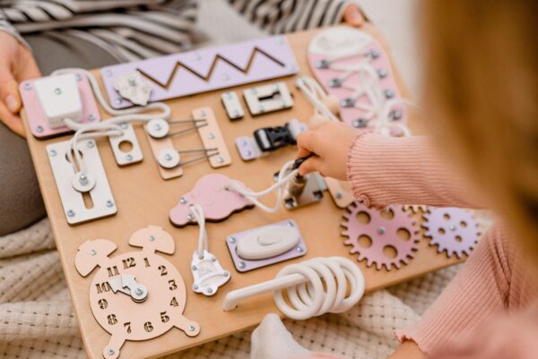 Busy Board for Toddler – Montessori Board   Toddler Sensory Board – Locks Latches Board – Busy Cube – Activity Board – Waldorf Toys  Toddler Travel Toys (Natural Pastel) - Image 3