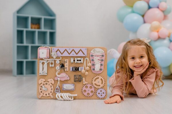 Busy Board for Toddler – Montessori Board   Toddler Sensory Board – Locks Latches Board – Busy Cube – Activity Board – Waldorf Toys  Toddler Travel Toys (Natural Pastel) - Image 4