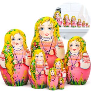 AEVVV Girl with Pigtail Russian Nesting Dolls Set 7 pcs   Gifts for Women   Matryoshka Dolls in Traditional Costume   House Warming Gifts   Folk Art Dolls
