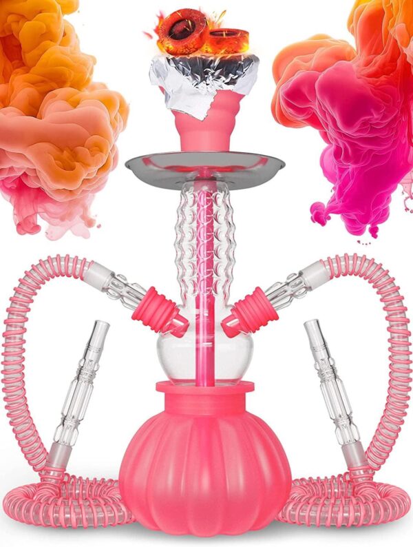 Pink Hookah Set 2 Hose Hookah – Picolo 12” Pink Mini Hookah 2 Hose Hookah Set with Silicone Hookah Bowl 2x Hookah Black Hose 50x hookah foil with holes 10x hookah tips disposable & Tongs