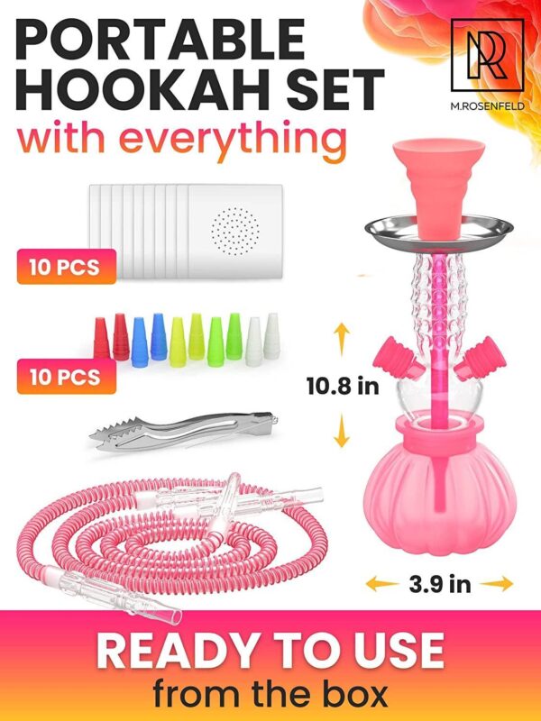 Pink Hookah Set 2 Hose Hookah – Picolo 12” Pink Mini Hookah 2 Hose Hookah Set with Silicone Hookah Bowl 2x Hookah Black Hose 50x hookah foil with holes 10x hookah tips disposable & Tongs - Image 2