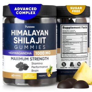Shilajit Gummies   1000mg Vegan Sugar Free Pineapple Flavor Ashwagandha Energy & Immunity 60 Count