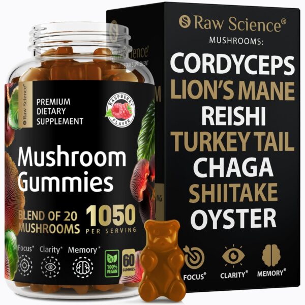 Mushrooms Complex Gummies with Lions Mane Nootropic Brain Supplements for Memory & Focus: Lion's Mane Cordyceps Shiitake Turkey Tail Reishi Chaga Enoki Oyster Mushroom Supplement   60 Units