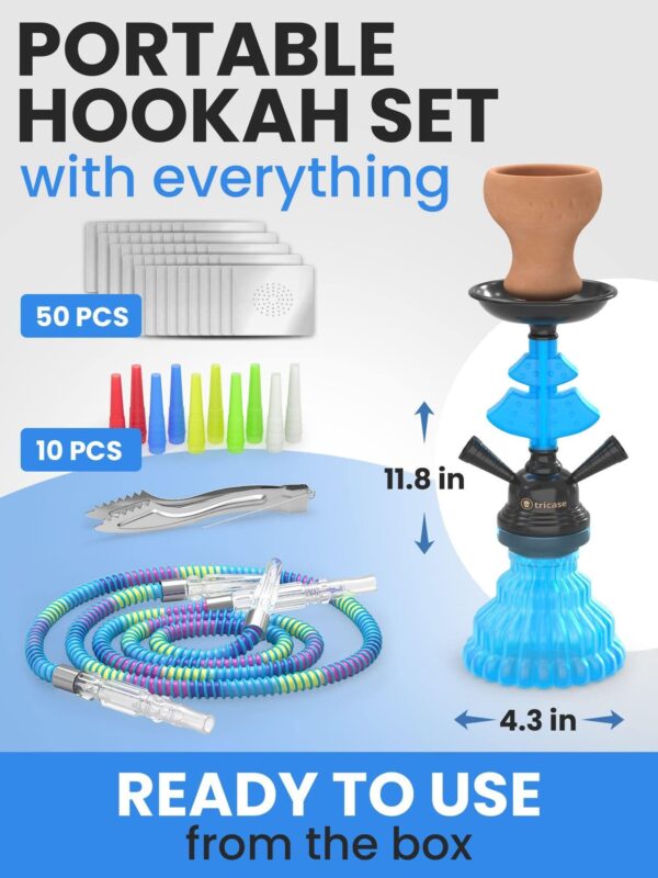 Royal Blue Hookah Set 2 Hose Hookah – LilOne 12” Blue Mini Hookah 2 Hose Hookah Set with 50x Foil Hookah Bowl 10x Tips 2x Mouthpiece 2x Hookah Hose Blue with Tongs - Image 2