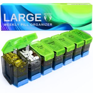 Extra Large Weekly Pill Organizer 2 Times a Day   XL Pill Case Am Pm   Big Pill Box 7 Day Oversized Daily Vitamin Organizer Jumbo Supplement Dispenser Medicine Holder Container Twice a Day Green Blue