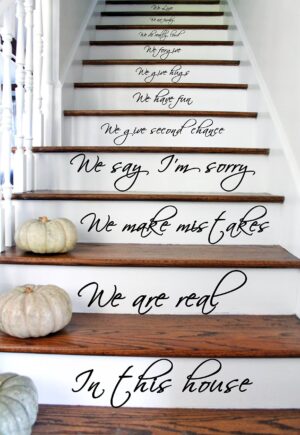 (22  X 39 ) Vinyl Stairs Decal Quote in This House We are Family We Love Do   Inspirational Text Wall Art Decor Home Sticker   Free Random Decal Gift