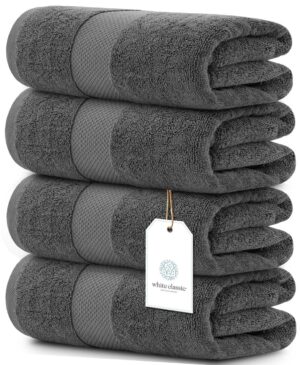 Luxury White Bath Towels Large   100% Soft Cotton 700 GSM | Absorbent Hotel Bathroom Towel | 27 inch X 54 inch | Set of 4 | Gray
