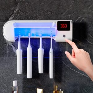 Toothbrush Holder Wall Mounted with 4 Slots. White ABS Plastic Toothbrush Holder Sanitizer with Automatic Timer and 30 Days Charge. Rechargeable Toothbrush Sanitizer Holder with USB Port