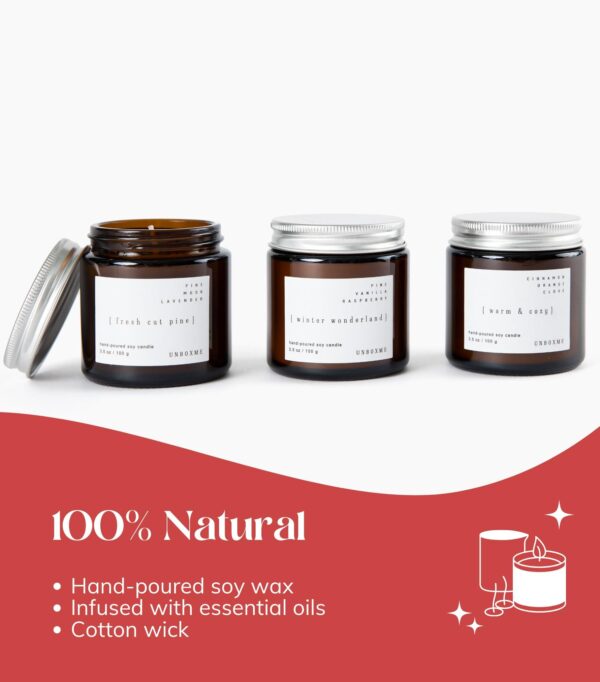 UnboxMe 3 Piece Holiday Scented Candle Set   Hand Poured Soy Wax with Essential Oils Glass Candle Set with Gift Box Use for Home Stocking Stuffer Secret Santa & More Christmas Candle Gift Sets - Image 4