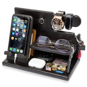 Wood Phone Docking Station for Men   Desk or Nightstand Organizer   Birthday Gifts for Husband Dad   Anniversary Idea from Wife   Key Holder Stand Wallet Watch & Essentials (Granite Black)