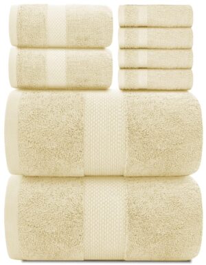 Luxury Beige Bath Towel Set   Combed Cotton Hotel Quality Absorbent 8 Piece Towels | 2 Bath Towels | 2 Hand Towels | 4 Washcloths [Worth $72.95] 8 Pack | Beige