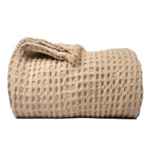 The Fine Living Co. 100% Cotton Waffle Weave Throw Blanket   Lightweight Soft and Breathable Throw Blanket for All Season  Skin Friendly Blanket for Couch Bed Sofa  50”x60” inches Sand