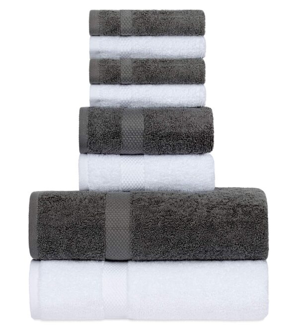 Luxury Grey White Bath Towel Set   Combed Cotton Hotel Quality Absorbent 8 Piece Towels | 2 Bath Towels | 2 Hand Towels | 4 Washcloths [Worth $72.95] 8 Pack | Grey White - Image 2