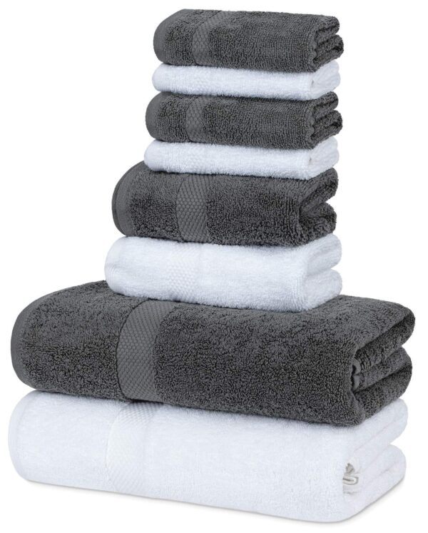 Luxury Grey White Bath Towel Set   Combed Cotton Hotel Quality Absorbent 8 Piece Towels | 2 Bath Towels | 2 Hand Towels | 4 Washcloths [Worth $72.95] 8 Pack | Grey White - Image 3