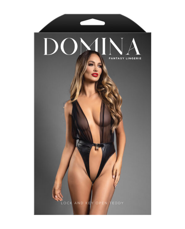 Domina Plunge Front Sheer Mesh & Vegan Leather Teddy w/Lock & Key - Black - Image 4