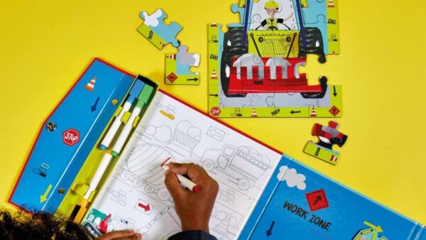 Construction Themed 20 Pc Magnetic Playset  Magnetic Puzzle Doodle Board Magnetic Pieces & Coloring Play Scene incl.   Educational S.T.E.M Shape Sorting Game   Learning to Follow Visual Cues Ages 3 - Image 3