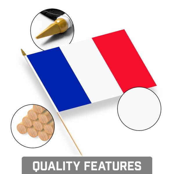 G128 30 Pack Handheld France French Stick Flags | 8x12 In | Printed 150D Polyester Country Flag Solid Wooden Stick Spear Gold Tip - Image 8