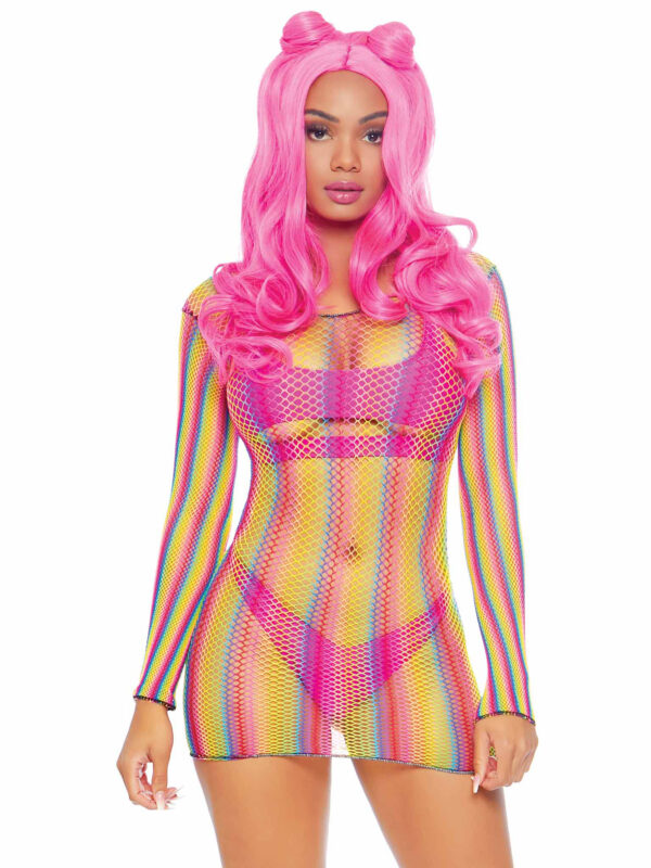 Rainbow Fishnet Long Sleeved Mini Dress - One Size - Rainbow - Image 2
