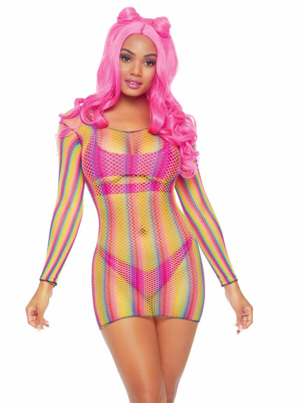 Rainbow Fishnet Long Sleeved Mini Dress - One Size - Rainbow - Image 3