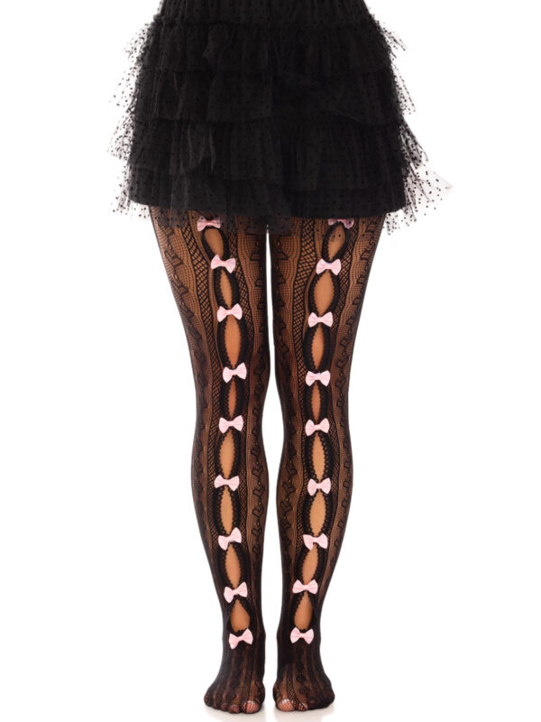 Sweetheart Striped Net Tights With Keyhole and  Mini Bow Detail - One Size - Black - Image 2