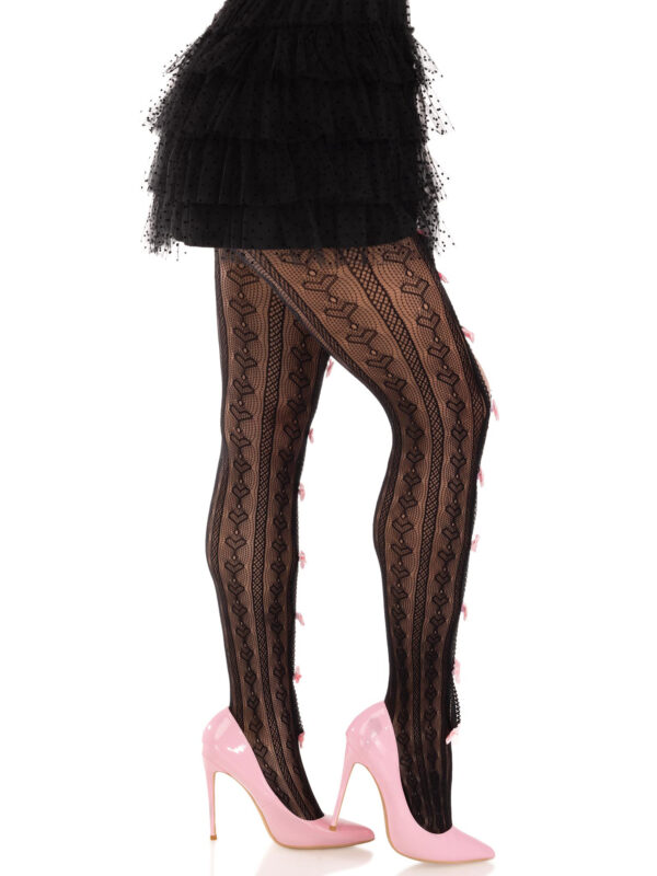 Sweetheart Striped Net Tights With Keyhole and  Mini Bow Detail - One Size - Black - Image 4