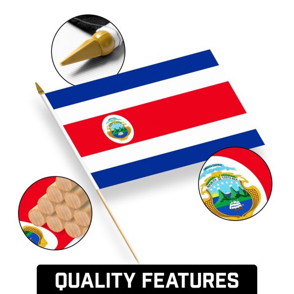 G128 30 Pack Handheld Costa Rica Costa Rican Stick Flags | 12x18 In | Printed 150D Polyester, Country Flag, Solid Wooden Stick, Spear Gold Tip - Image 8