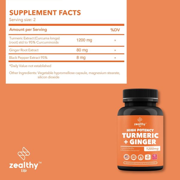 Zealthy Life   High Potency 1200mg Turmeric and Ginger Supplement Antioxidant Ginger & Turmeric Supplement Turmeric Ginger Supplements for Joint Support Renewing Ginger & Turmeric Capsules* 180 - Image 7